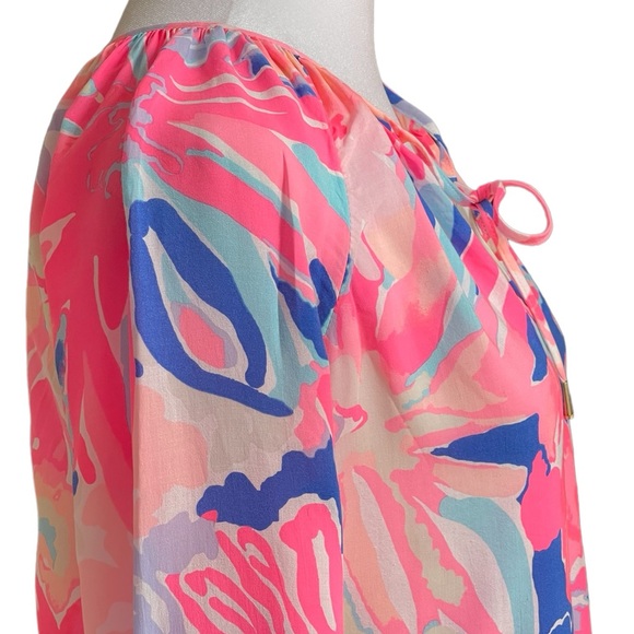 Lilly Pulitzer Playa Hermosa Willa Top Neon Pink Blues White Sz XS Long Sleeves - Picture 6 of 14